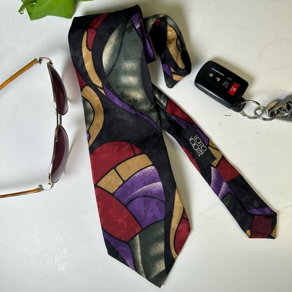 Vintage Uomo Volonte 100% Silk Tie 90s Colorblock Jewel Tone 3.9" Wide